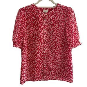 J Crew Red Floral Blouse Top Women’s Size Small Button Front Ruffle Romantic